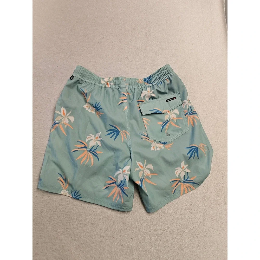Quiksilver Mens Swim Trunks Jade Grey Tropical‎ Floral Board Shorts Size M NEW